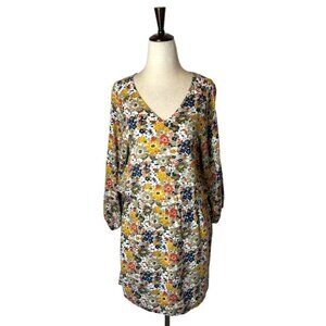 QMack Yellow Floral Print‎ V Neck Elastic Waist Blouson Mini Dress Size XS